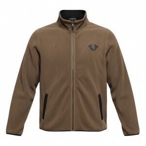 NWT True Religion Mens Shitake Brown Fleece Zip‎ Up Jacket Logo Pockets Size L